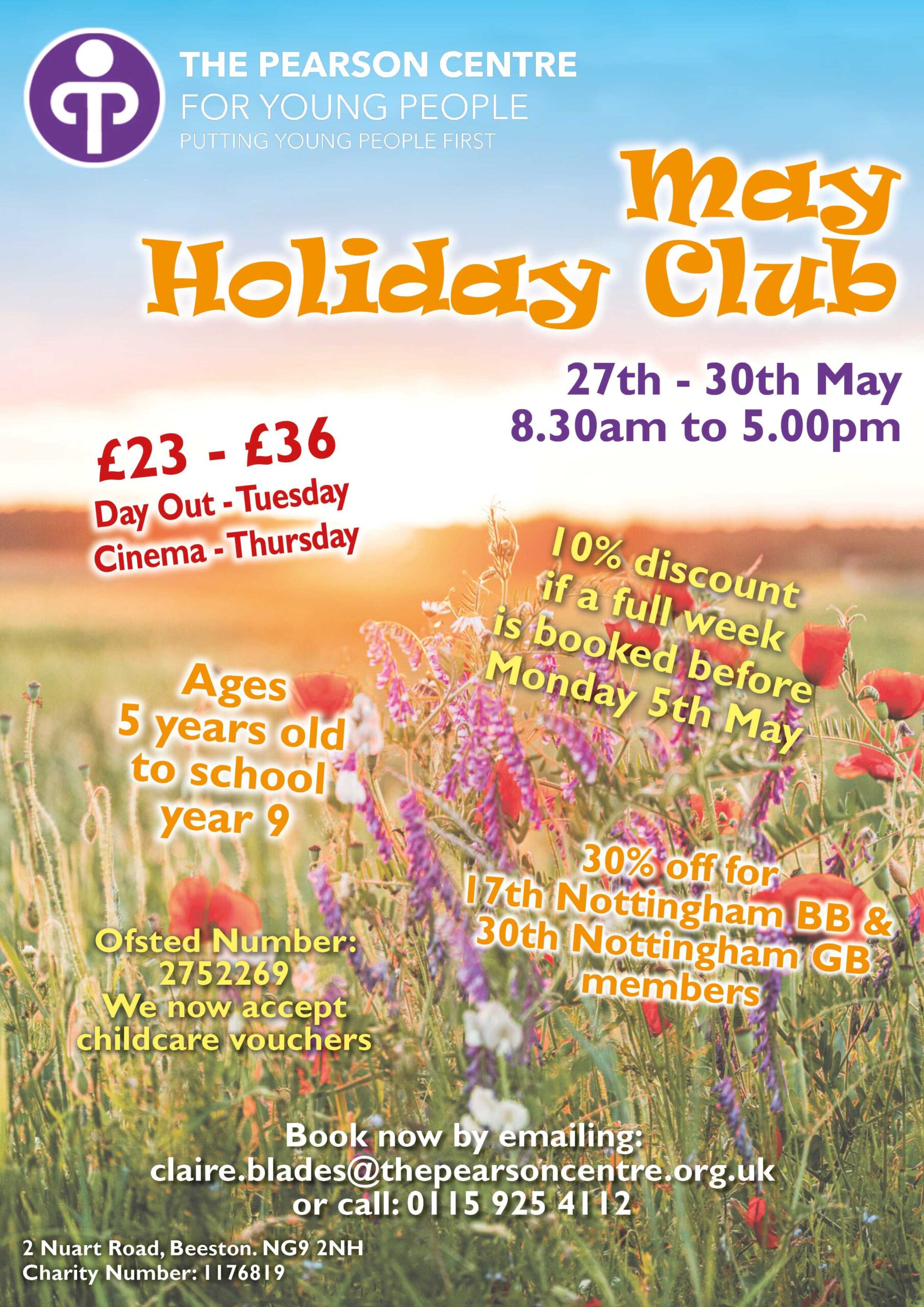 May Kids Holiday Club poster with floral background