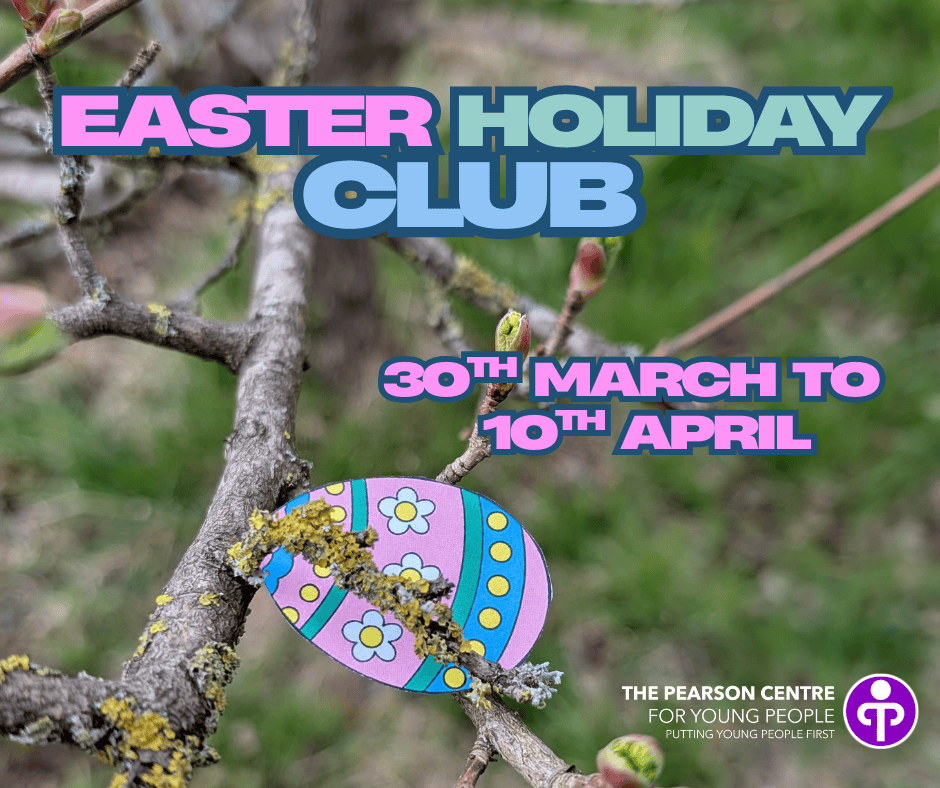 Easter Holiday Club Image shows paper easter egg in a tree with the text: Easter holiday club 30th March to 10th April